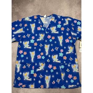 NWT VTG Disney X Barco Uniforms Tinkerbell Blue V Medical Scrub Top Womens L USA